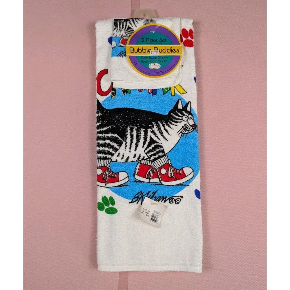 NWT Vintage Kliban Cat Walk Bath Towel Set Washcloth 2-Piece 80s Collectible USA